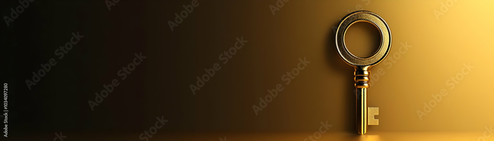 Poster glossy golden key approaching keyhole: unlocking opportunities with ample copy space in gradient bac