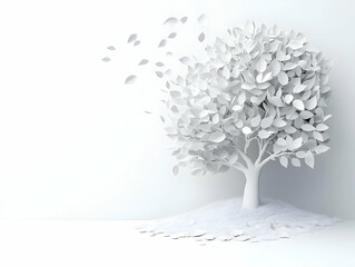 Flat White Tree of Life with Holographic Leaves: Medium Shot Illustrating Interconnected Mental Health Aspects and Janeiro Branco Messaging