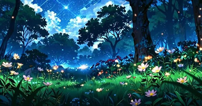 Animation ancient trees, flowers dappled comic, cartoon sunlight filtering through the leaves, a gentle stream flowing through the scene, a blue sky with fluffy clouds, and a single majestic tree.