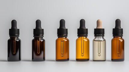 A row of glass bottles with different colored lids. The bottles are lined up next to each other