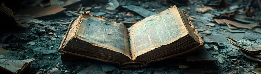 Obraz premium An Open Old Book Lies in a Pile of Ashes and Debris, A Reminder of Lost Knowledge and History.