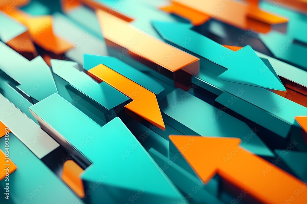Poster abstract geometric pattern of interlocking orange and teal arrows