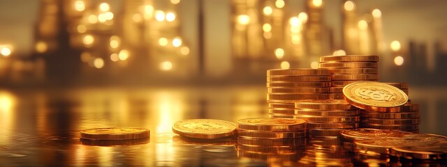 Obraz premium 3D rendering of stacks of golden coins on a table, with a blurred oil refinery in the background and warm, golden-hour lighting.