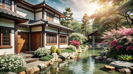 Fototapeta premium Tranquil Japanese house with a serene pond and lush greenery.