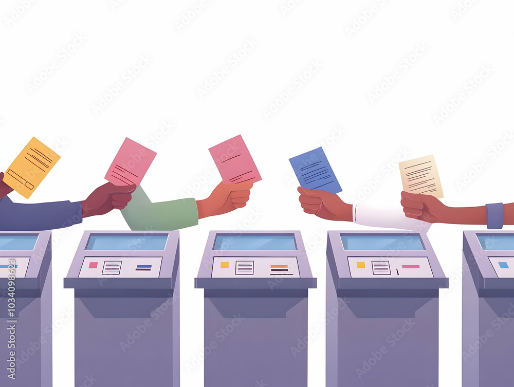 Poster close-up of hands counting ballots in a soft focus scene - illustrative flat design highlighting the