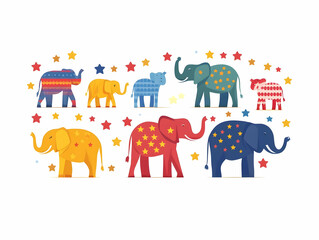 Flat Levitating Political Party Symbols: Close-Up of Diverse Political Icons (Elephant, Donkey, etc.) Rotating Against White Background - Vector Illustration of Political Choices