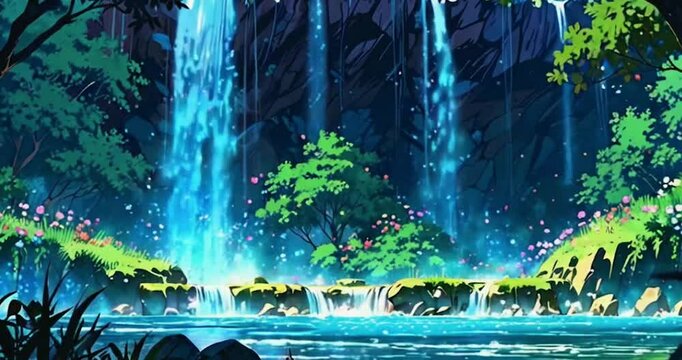 Ancient waterfall animation dappled sunlight filtering through the leaves comic, cartoon, a gentle stream flowing the scene, a blue sky with fluffy clouds, and a single majestic tree, underwater.