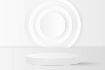 Abstract 3D white podium background. Modern minimalist mockup for product display presentation. Realistic white cylinder pedestal podium.