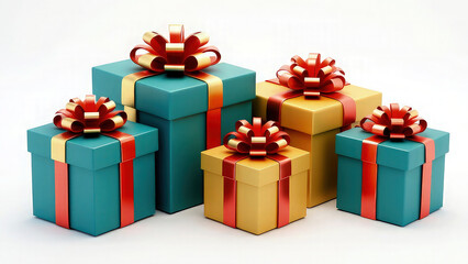 Fototapeta premium Minimalist of vibrant blue, yellow, red, and green gift-wrapped presents, each adorned with red and gold ribbon bows, neatly arranged against a clean white background