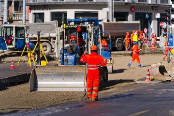 Replacement of tram tracks at construction site at town square named Schaffhauserplatz at Swiss City of Zürich on an autumn noon. Photo taken October 11th, 2024, Zurich, Switzerland.