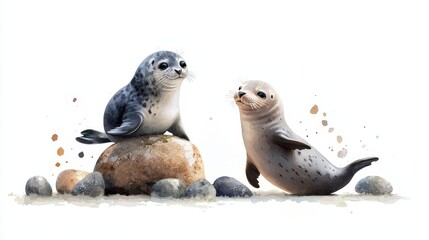 Fototapeta premium Adorable Seal Pups Playing in a Zen Japanese Garden Surrounded by Stones and Pebbles