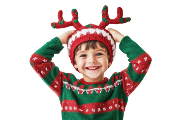 Festive little boy in Christmas sweater and hat, full of holiday spirit, isolated on transparent background, perfect for new year celebrations