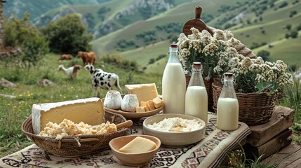 A dairy products arranged on a traditional carpet in the middle of a green hilltop. Milk bottles, jars of yogurt, cheeses, and bowls of butter are laid out organically.
