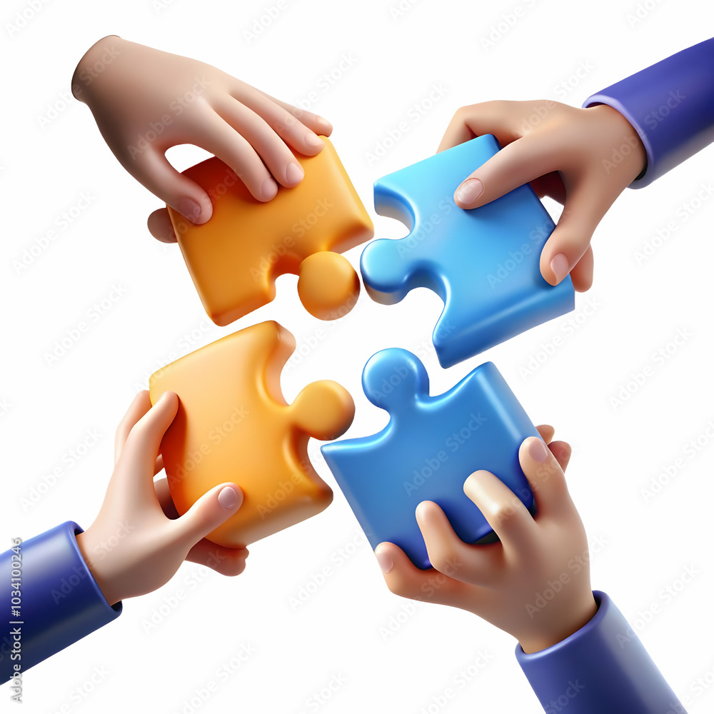 Poster macro shot of family hands working together to place glowing puzzle pieces against an abstract backg