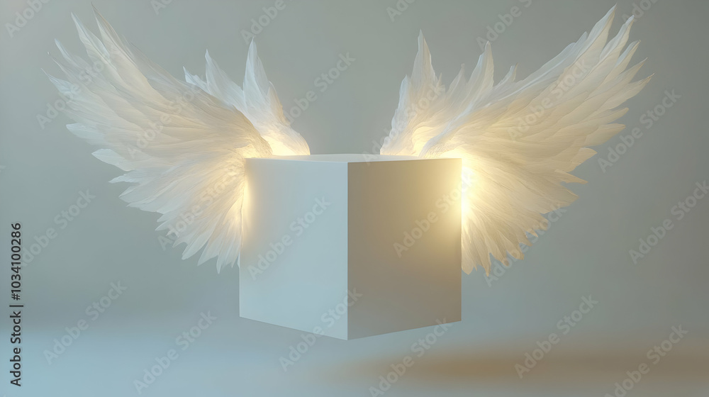 Poster 3D Floating Ethereal Ballot Box with Wings Concept - Close-Up of Illuminated Voting Box Symbolizing the Power of Each Vote, Rotating Against White Background
