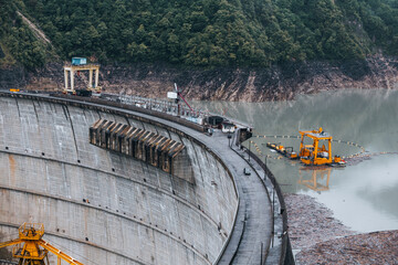 high dam in the mountains close-up, Inguri hydroelectric power station, power plant