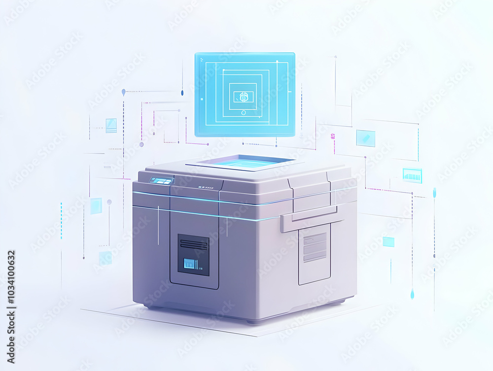Poster Flat Floating Ballot Box with Digital Interface: Futuristic Wide Shot of a Holographic Voting System Merging Tradition and Technology in a Simple Vector Illustration