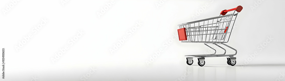 Poster e-commerce shopping cart on plain white backdrop: 3d metallic cart concept with generous copy space 