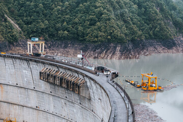 high dam in the mountains close-up, Inguri hydroelectric power station, power plant