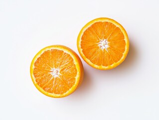Fototapeta premium Freshly Sliced Orange Halves on White Background Showcasing Vibrant Citrus Fruit Texture and Juiciness