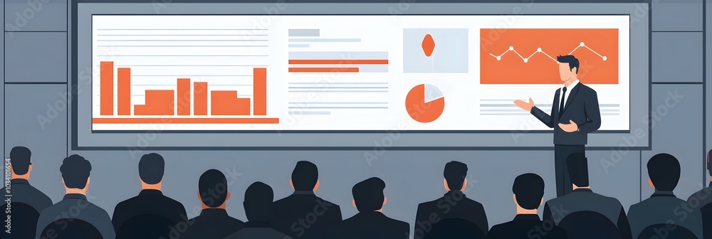 Poster professional business speaker giving a presentation to an audience in a large conference hall with i