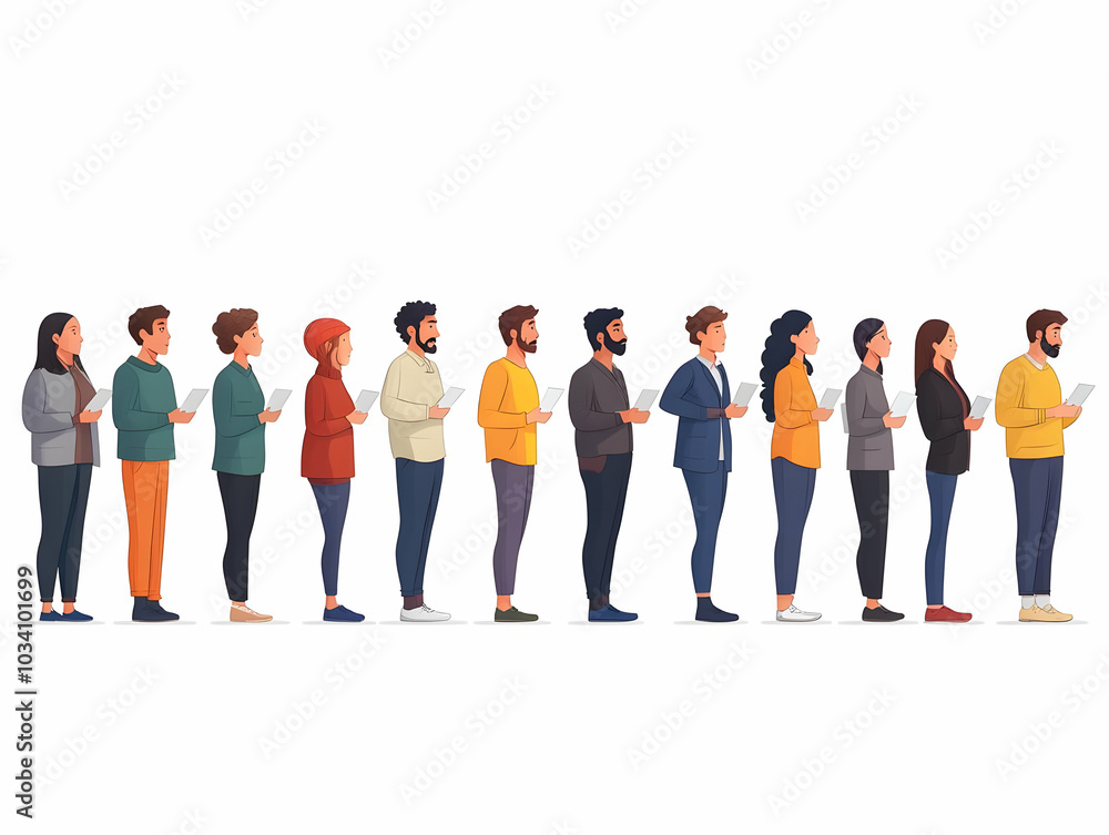 Poster flat gravity-defying voter queue concept: close-up of stylized floating human figures in a line, sym