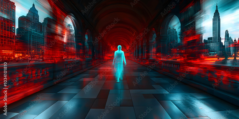Poster a digitally altered image of a figure walking through a cityscape corridor with red and blue light