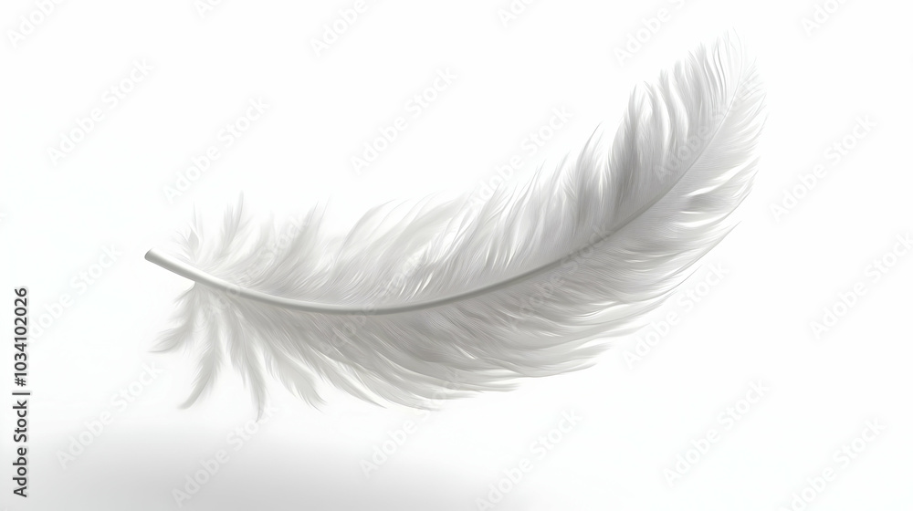 Poster 3d floating white feather concept - close-up view of gentle ascent on isolated white background symb