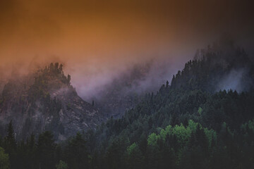 mountains in clouds covered with forest at sunset orange sky close up