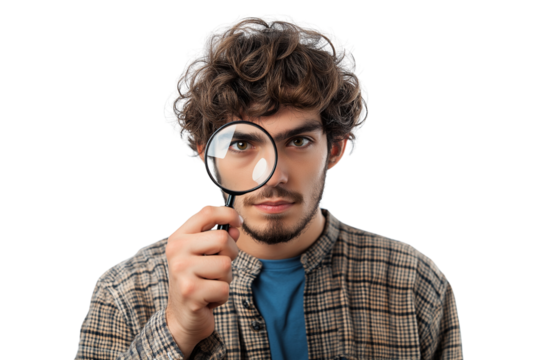 A curious man uses a magnifying glass to closely inspect or observe