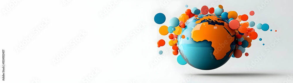 Poster dynamic flying globe with speech bubbles for global discussions and collaboration in esg business ne