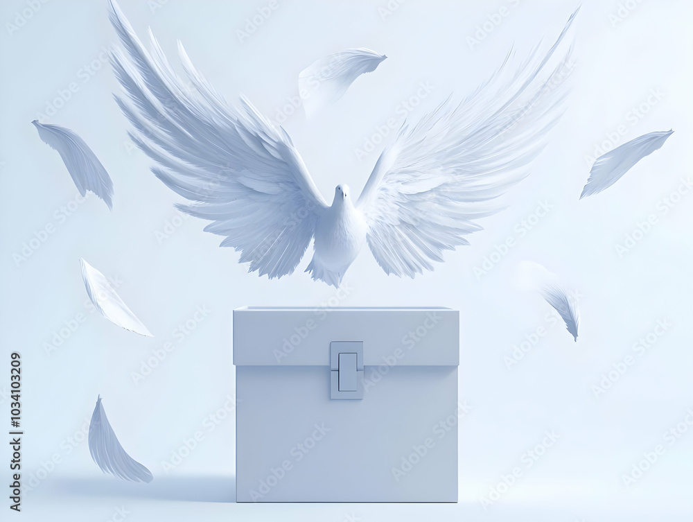 Poster flat floating ballot box with ethereal wings concept - close up view of a magical voting box illumin