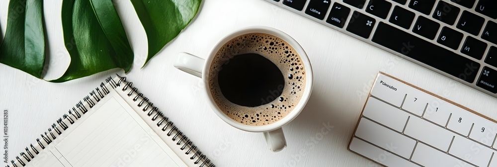 Aufkleber minimalist and organized home office workspace with desktop computer coffee cup and planner neatly a