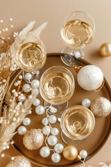 Elegant champagne glasses with festive holiday decor and gold ornaments