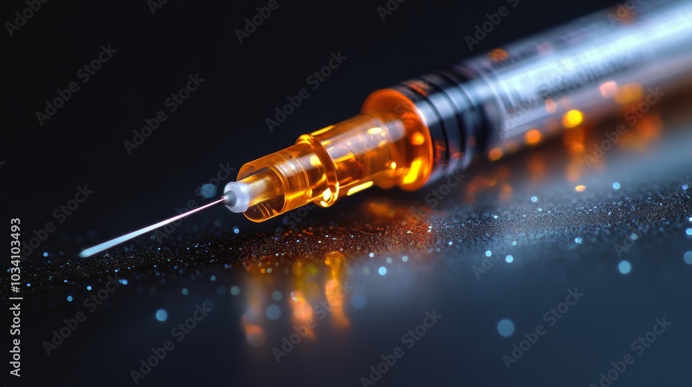 Poster a close view of a syringe featuring an orange cap, positioned on a dark surface. tiny particles refl