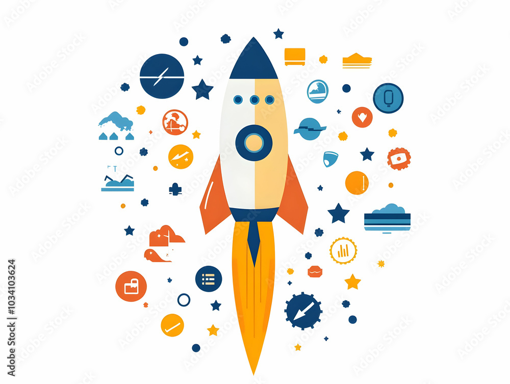 Poster flat soaring campaign logo with comet tail of policy icons - close-up view of logo ascending with di