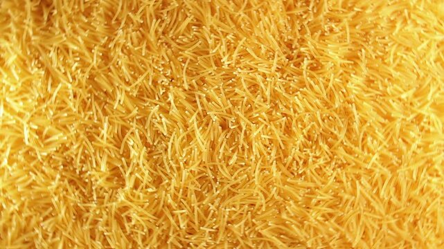 Background of Uncooked Golden Noodles that Rotating Clockwise - Top View. Texture of Dry Vermicelli Turning Around. Raw Pasta - Right Rotation