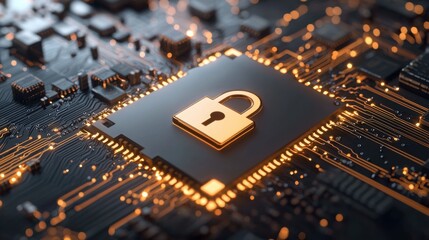 Electronic circuit board with a golden padlock symbolizing cybersecurity