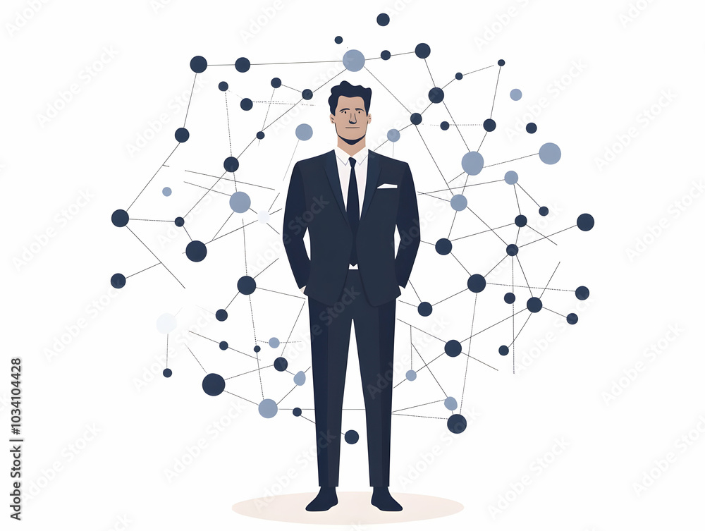 Poster Flat Politician with Donor Network Constellation Concept: Medium Shot of Holographic Politician Connected to Donor Avatars, Showcasing Donation Amounts, White Background with Copy Space for Campaign F