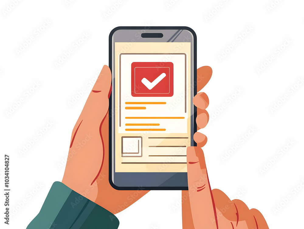 Poster flat smartphone scanning voter id vector illustration - hand holding smartphone with voter id verifi