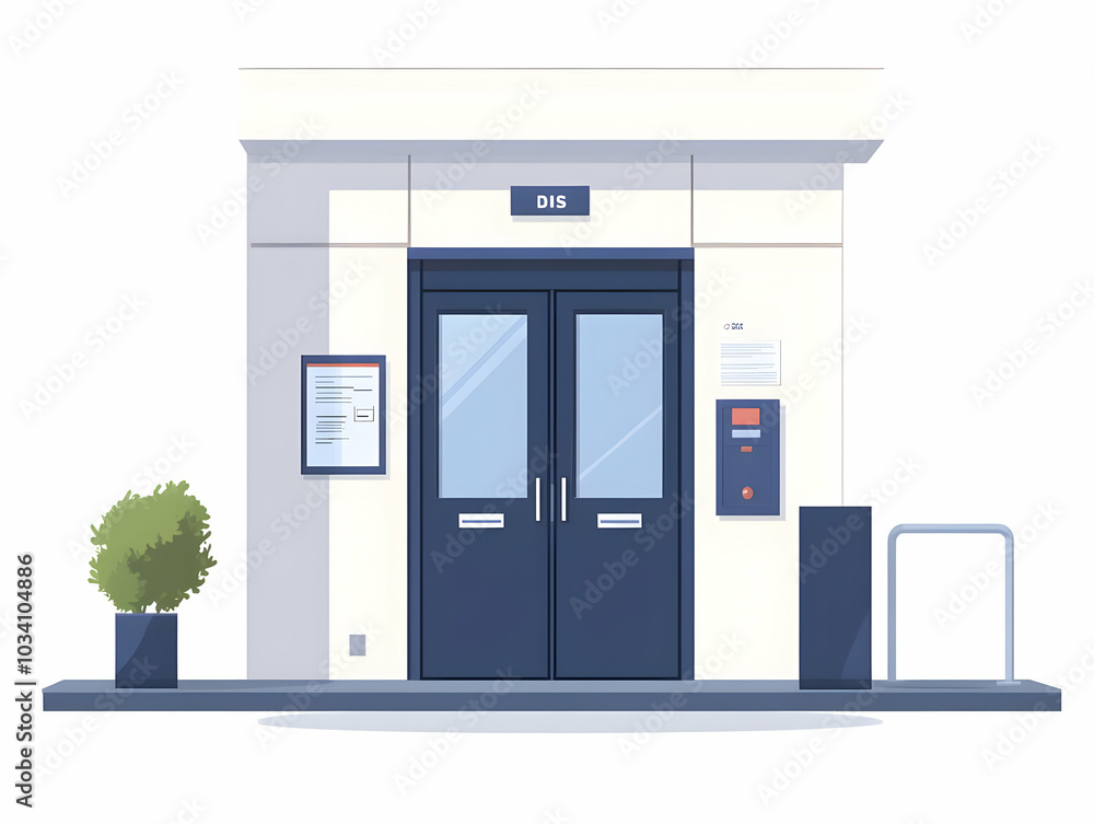 Poster flat quantum secured polling station concept: close up of entrance with zoom out to reveal multiple 