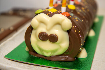 A children's birthday cake in the shape of a caterpillar covered in chocolate