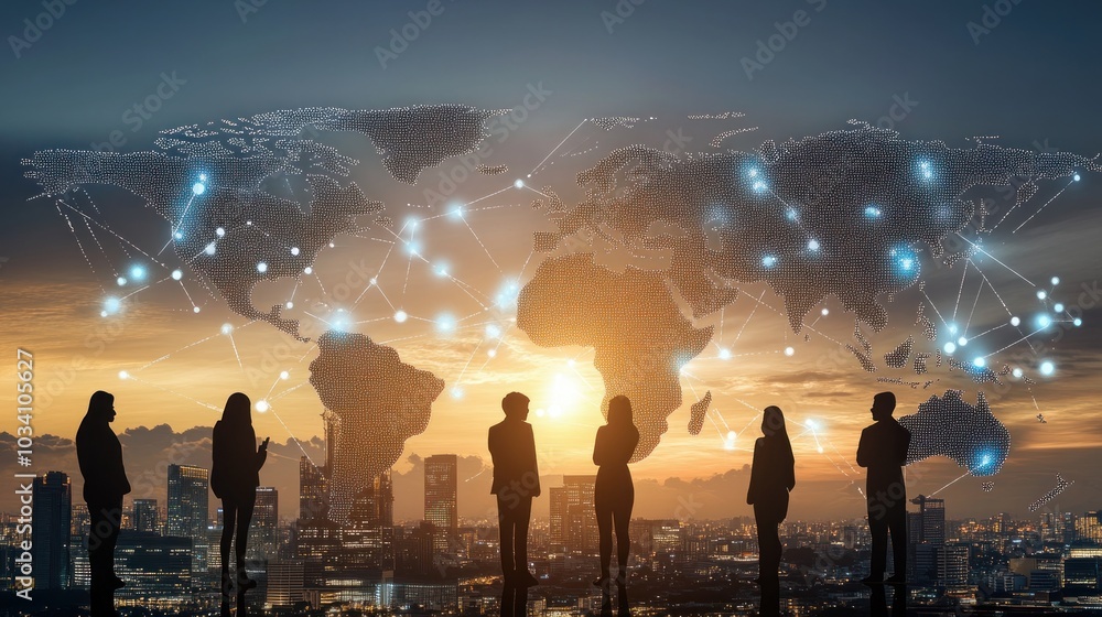 Poster silhouettes of people standing before a world map with interconnected points of light