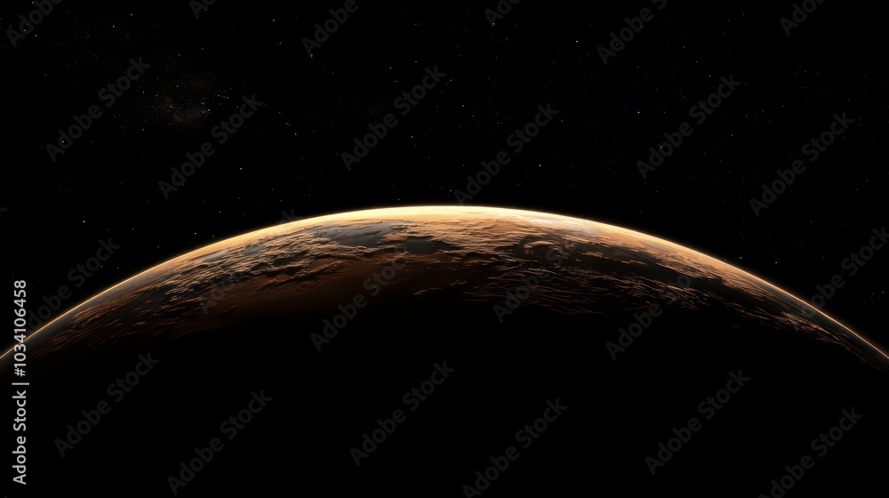 Poster a close-up view of a brown planet with a dark starry background.