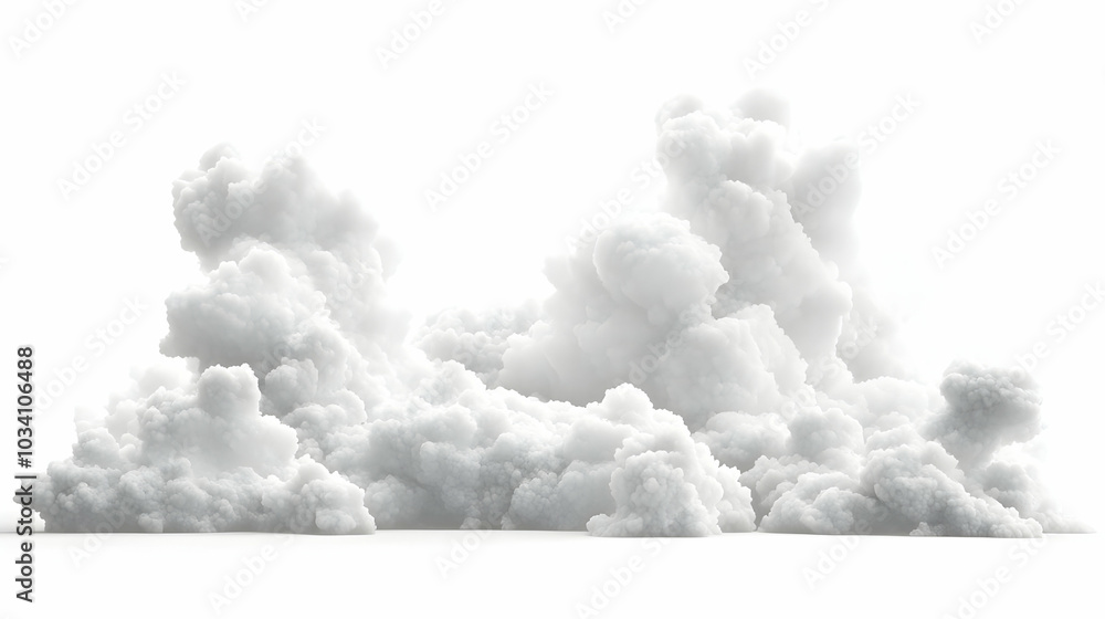 Poster 3d floating white clouds concept: close-up view of gentle clouds against isolated white background -