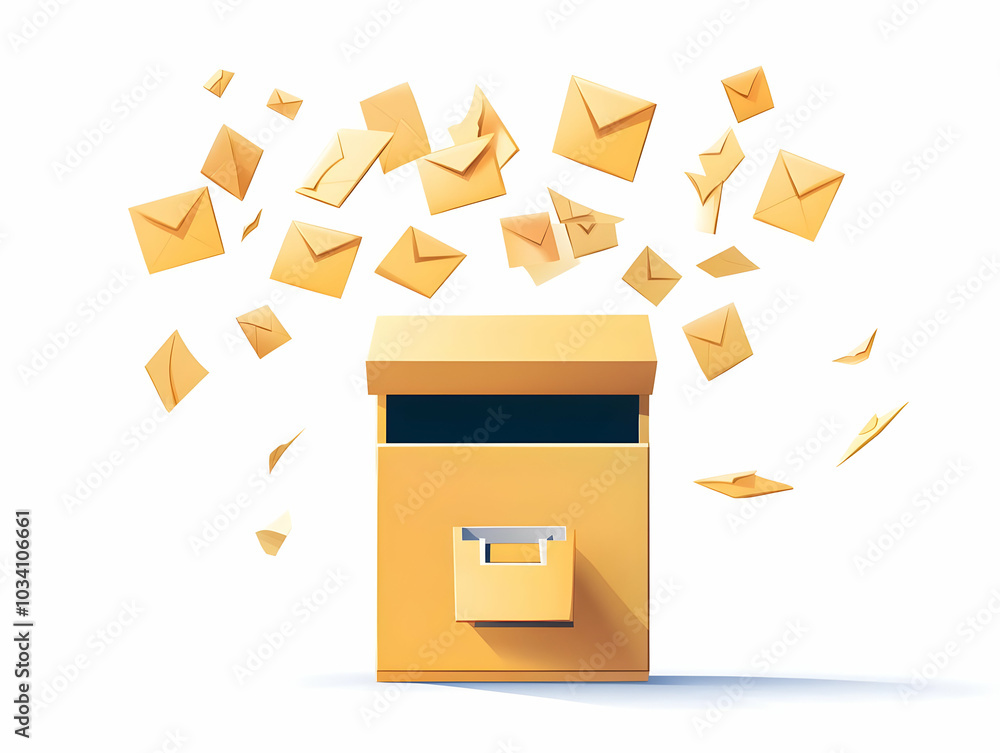 Poster flat ascending ballot drop box concept: medium shot of ballot box rising with envelopes flowing in, 