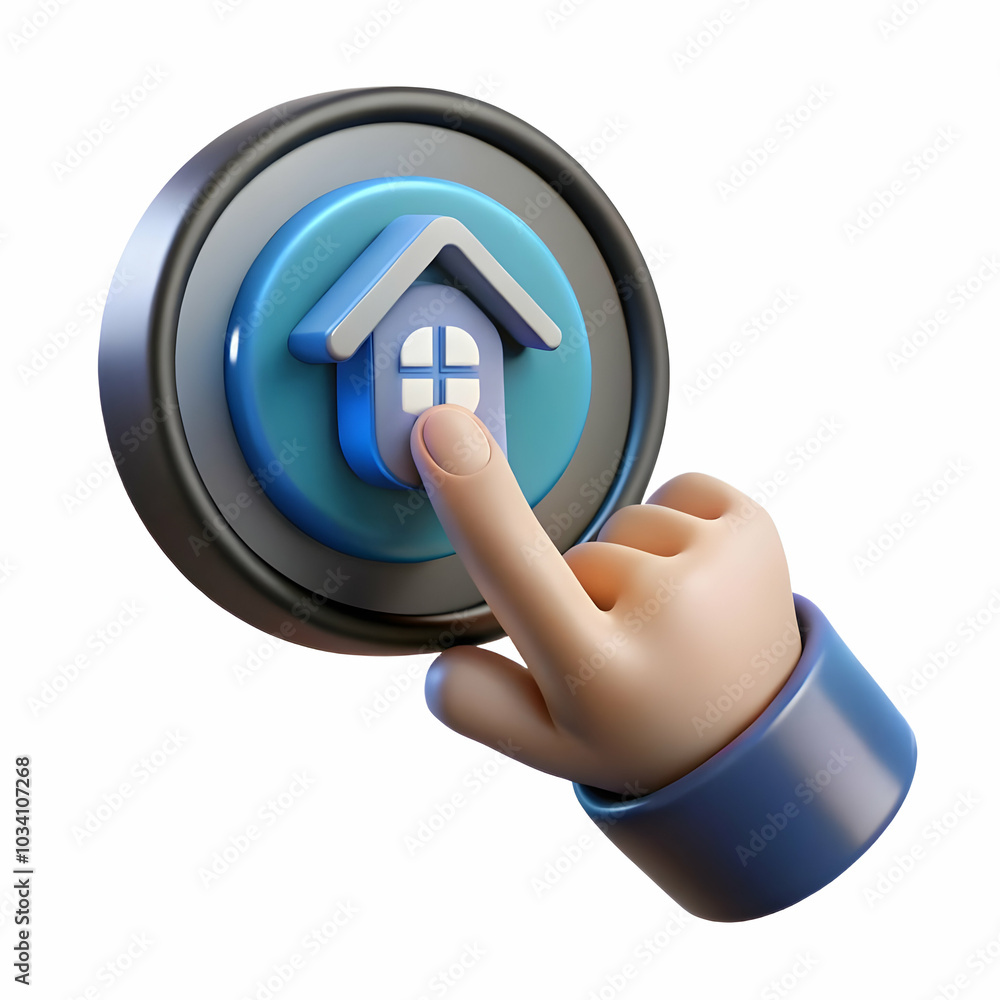 Poster close-up of family interacting with a virtual home assistant button - futuristic light reflects joy 