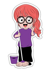 Cute Girl Cartoon With Mop