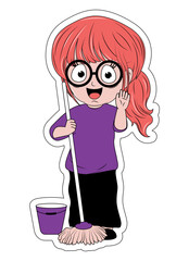 Cute Girl Cartoon With Mop