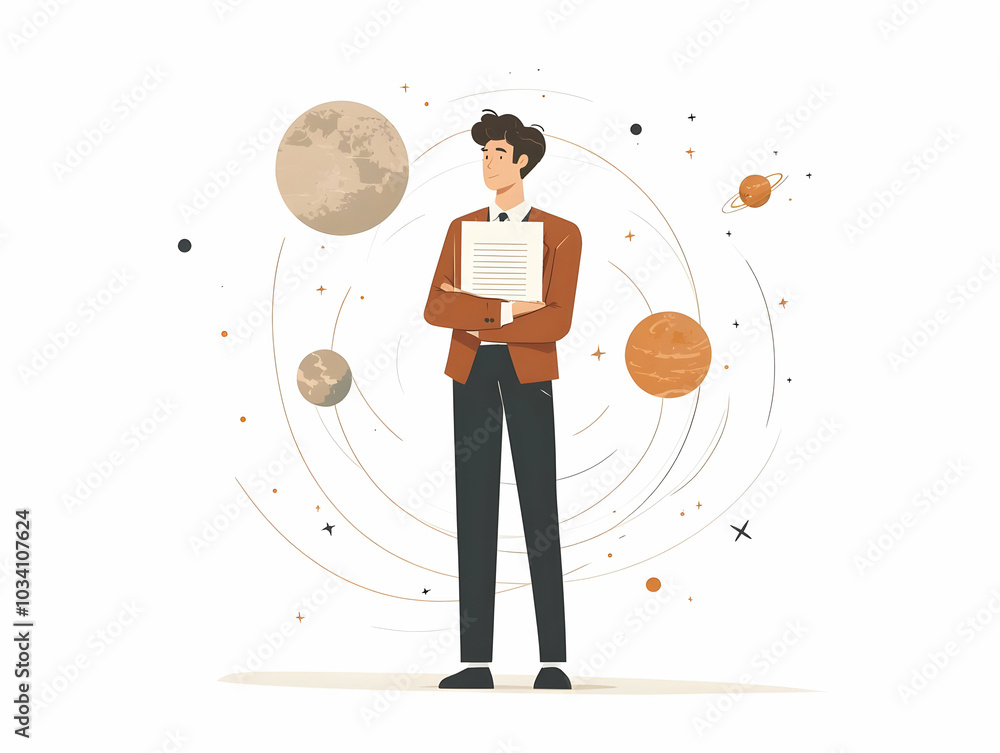 Poster flat antigravity ballot concept: wide shot illustration of a defying gravity ballot with orbiting po